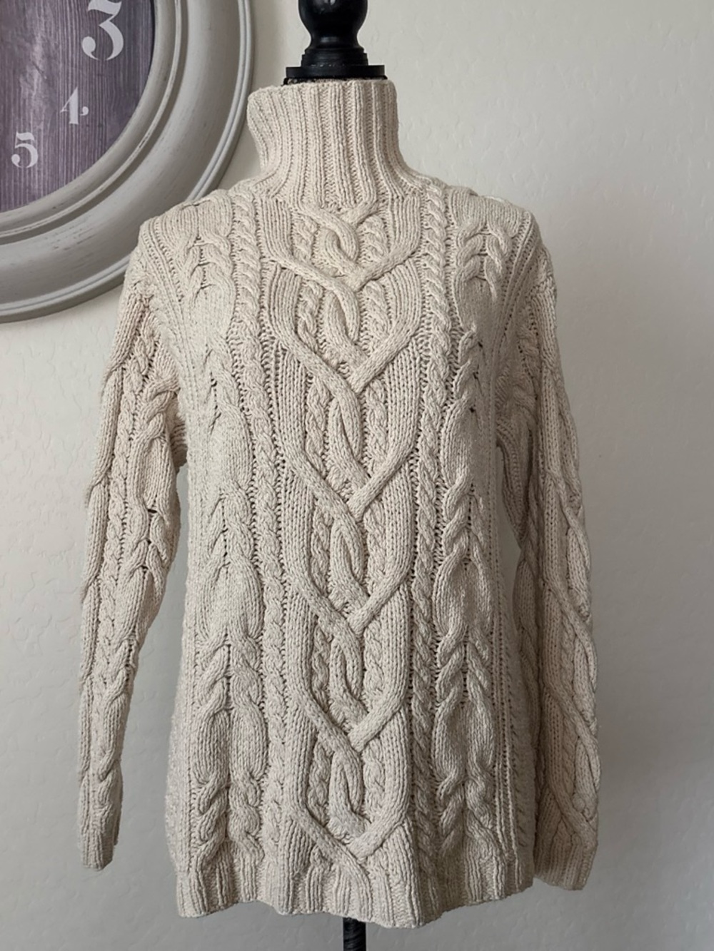 Aran Knitters Co-op women’s cream wool silk blend mock neck knit sweater. S